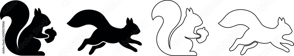 Fototapeta premium Set of stylized squirrel icons in black and white with acorns