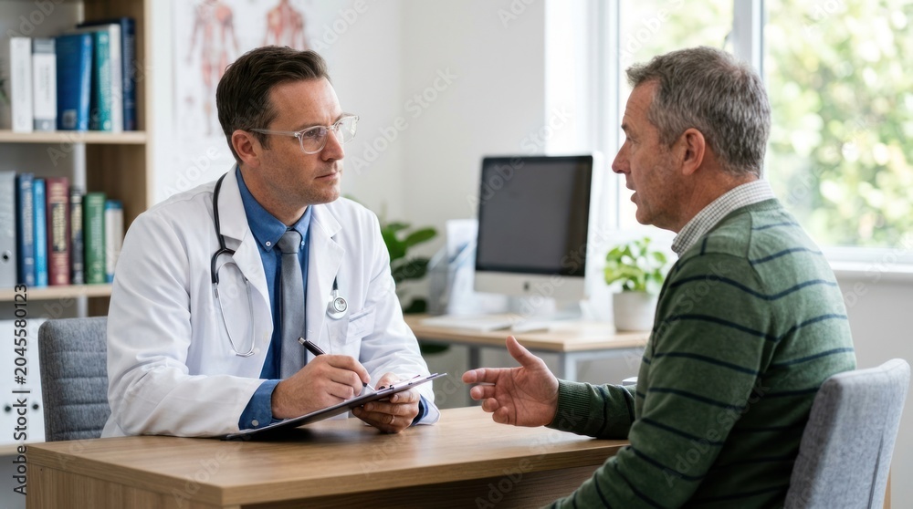Obraz premium A doctor is having a serious conversation with an older man at a desk in a medical office.