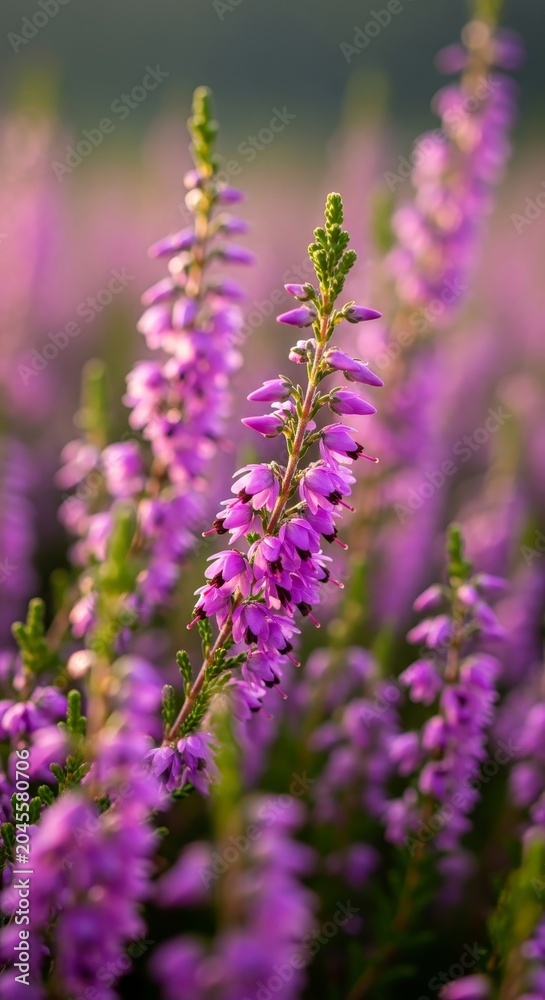 Obraz premium Close-up of vibrant purple heather flowers in a natural setting.