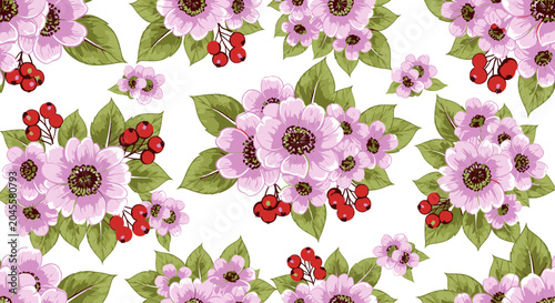 Vászonkép Elegant pink flower and red berry seamless pattern background