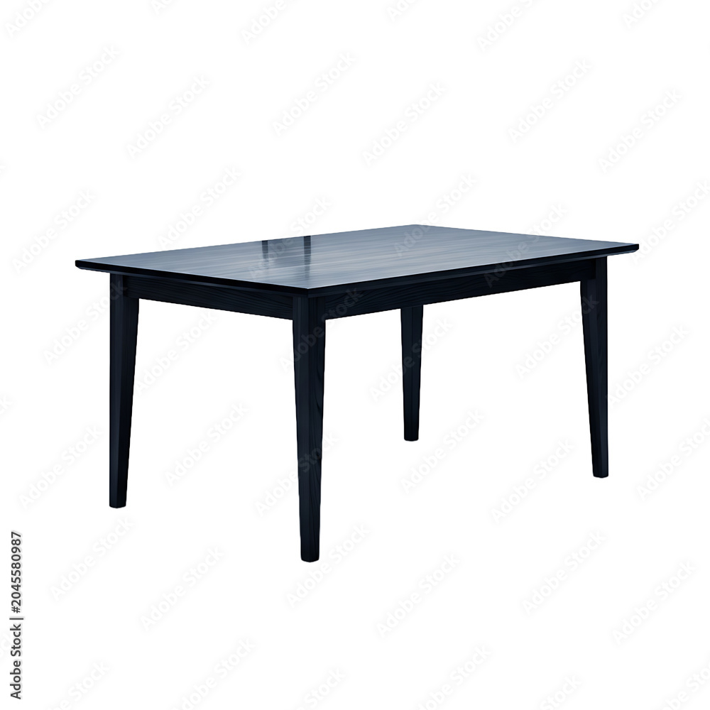 Fototapeta premium Minimalist Black Rectangular Wooden Dining Table Isolated On White Background With Smooth Surface