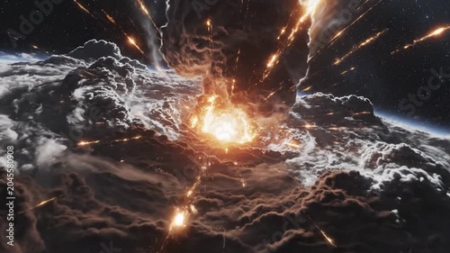 Dramatic asteroid impact and massive explosion on planet surface seen from space with debris and smoke clouds