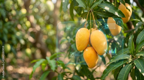 Ripe mango fruits hanging from tree branch in orchard