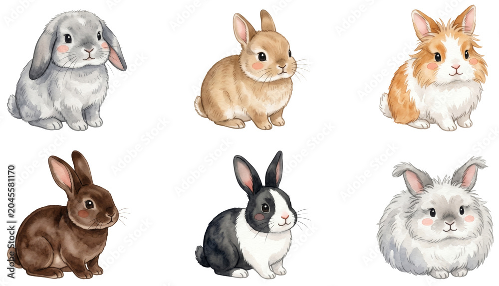 Fototapeta premium cute fluffy rabbits and bunnies of different breeds watercolor clipart set