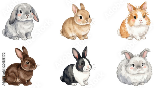 cute fluffy rabbits and bunnies of different breeds watercolor clipart set