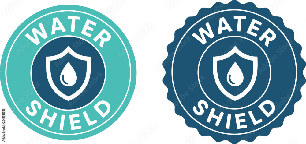 Obraz premium Water Shield Badge Icons with Drop and Shield Symbol on Blue Background