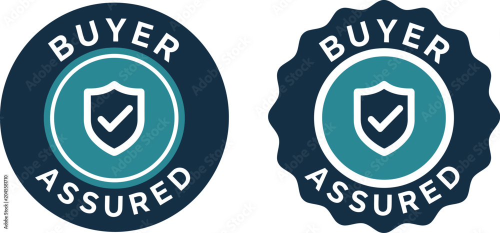 Fototapeta premium Buyer Assured Badge Icons with Shield and Check Mark on Blue Background