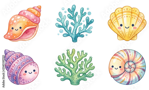 cute cartoon seashells and ocean corals watercolor clipart set