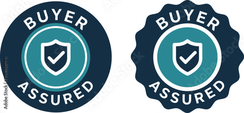Photos Buyer Assured Badge Icons with Shield and Check Mark on Blue Background