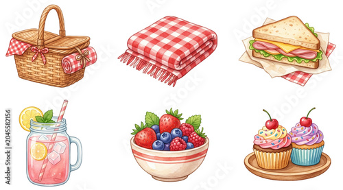 cute picnic basket food and red plaid blanket watercolor clipart set
