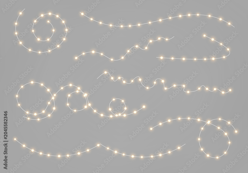 Naklejka premium Xmas string lights decoration PNG. Realistic golden LED lamps and luminous yellow gold bulb lights on garland. Christmas design for invitations and brochure. 