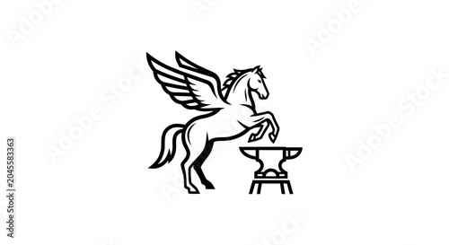 Canvas-taulu Black and white line drawing of a winged horse with an anvil on a stool