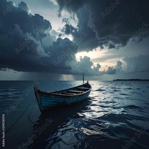 A solitary boat bobs on choppy water under a dramatic sky. Dark, swirling clouds give way to a patch of light