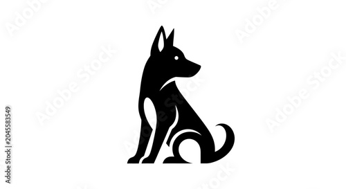 Cuadro en lienzo Black silhouette of a sitting dog with pointed ears and curled tail
