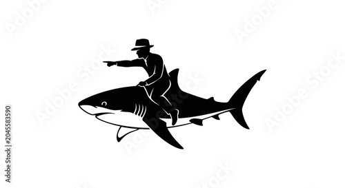 Obraz na płótnie Silhouette of a person riding a large shark with pointing gesture