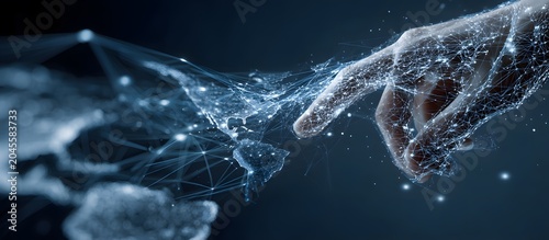 Businessman's hand interacting with futuristic artificial intelligence and big data visualization. Digital data wave on dark background