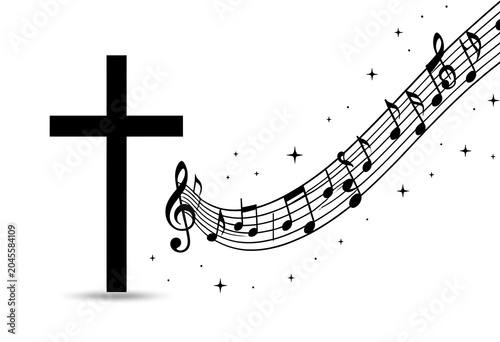 Black Christian cross icon next to flowing musical notation notes