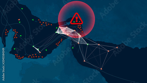 Fotografie Digital marine traffic map highlighting a red warning sign over the Strait of Hormuz