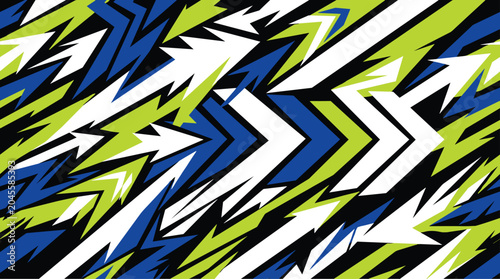 Dynamic racing style geometric pattern with sharp angular shapes in lime green, royal blue, and white on a black background