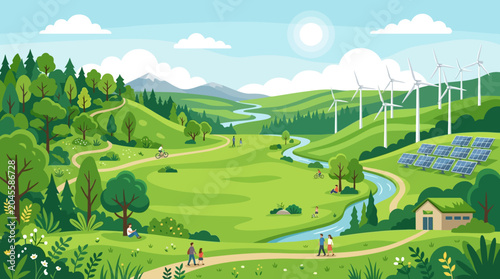 Schilderij op canvas Eco flat vector background, wind turbines, solar panels and green landscapes fra