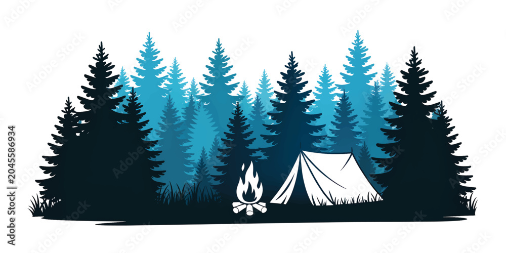 Obraz premium Minimalist White Tent and Campfire with Blue Pine Forest Silhouette Camping Vector Illustration