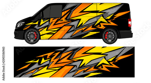 Yellow and orange chaotic geometric sports van wrap