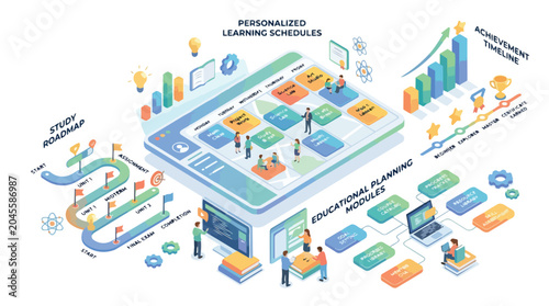 Isometric illustration of digital learning platform with personalized study schedules and educational planning modules.