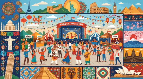 Fotografia Flat vector cultural festival background, world landmarks and traditional orname