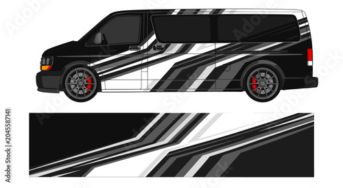 Black and white geometric vehicle wrap graphic design.