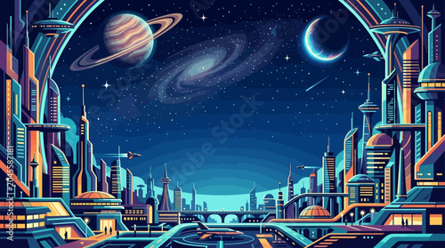 Foto Futuristic space colony flat vector background, futuristic buildings and planets