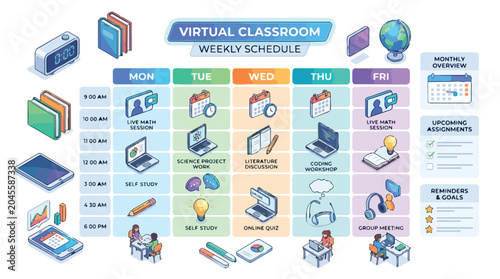 Isometric virtual classroom weekly schedule template for online education and remote learning.