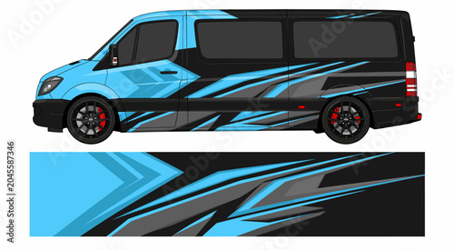 Blue and black modern geometric van wrap design.