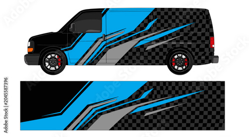 Blue and black racing checkered van wrap decal design.