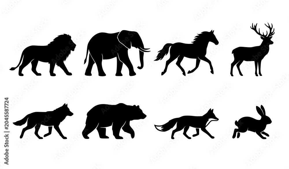 Obraz premium Wild Animal Silhouette Vector Set with Eight Black Isolated Wildlife Shapes