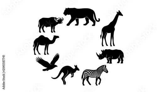 Canvas Print Black Animal Silhouettes Collection with Eight Diverse Wildlife Vector Icons