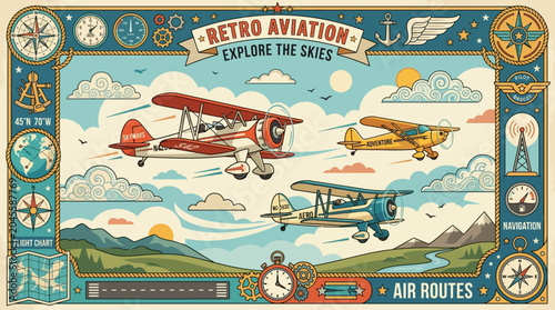 Bild auf Leinwand Retro aviation flat vector background, propeller airplanes, clouds and navigatio