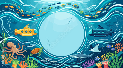 Bild auf Leinwand Modern underwater flat vector background, submarines, marine creatures and ocean