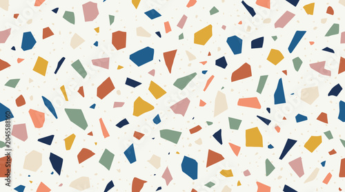 Modern terrazzo texture background, scattered colorful chips, trendy flat vector design, minimalist composition

