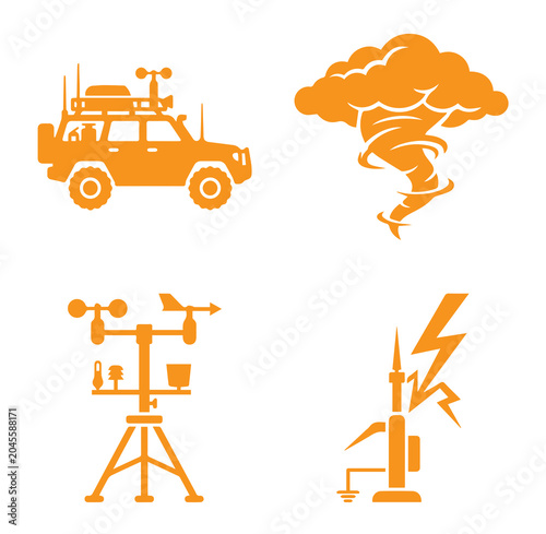 Obraz na płótnie Set of four orange depicting a weather tracking vehicle, a tornado, a weather st