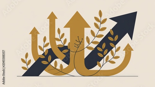 Arrows of growth and progress intertwined with natural elements, symbolizing sustainable development and upward momentum.