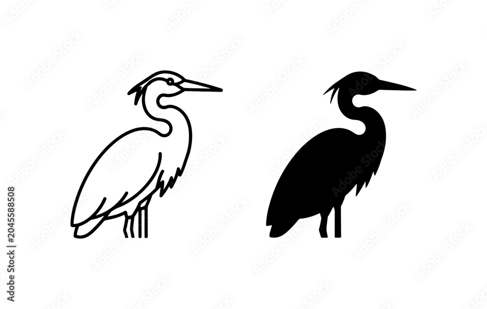 Obraz premium Heron Vector Icons: Outline and Silhouette Bird Graphics