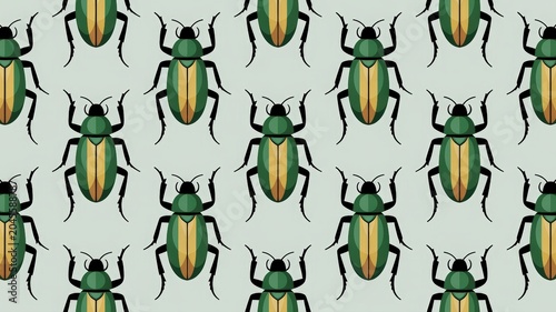 Vibrant green beetle pattern on a light background, a repeating natural motif