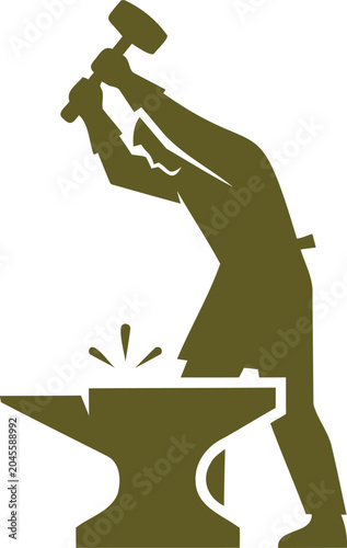 Bilde på lerret Silhouette of a blacksmith working an anvil with a hammer creating sparks illust