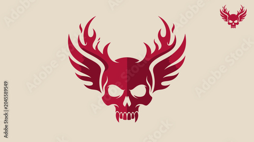 Tablou pe pânză Skull with flames and wings, aggressive logo, dark art style