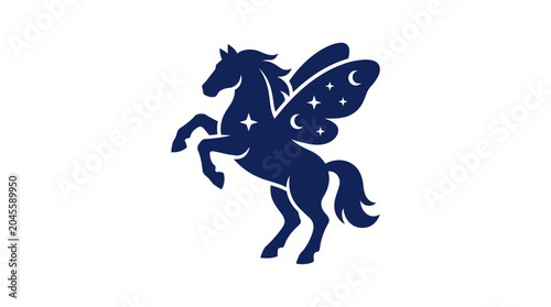 Foto Dark blue silhouette of a winged horse with celestial designs on wings