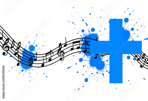 Church music hymn illustration with blue cross on white background