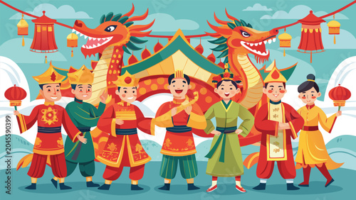 Asian children in traditional costumes with dragons and lanterns during a festival celebration