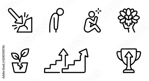 Quadro su tela Growth and Success Icons: Plant Growth, Stairs, Trophy, Stress, Sadness