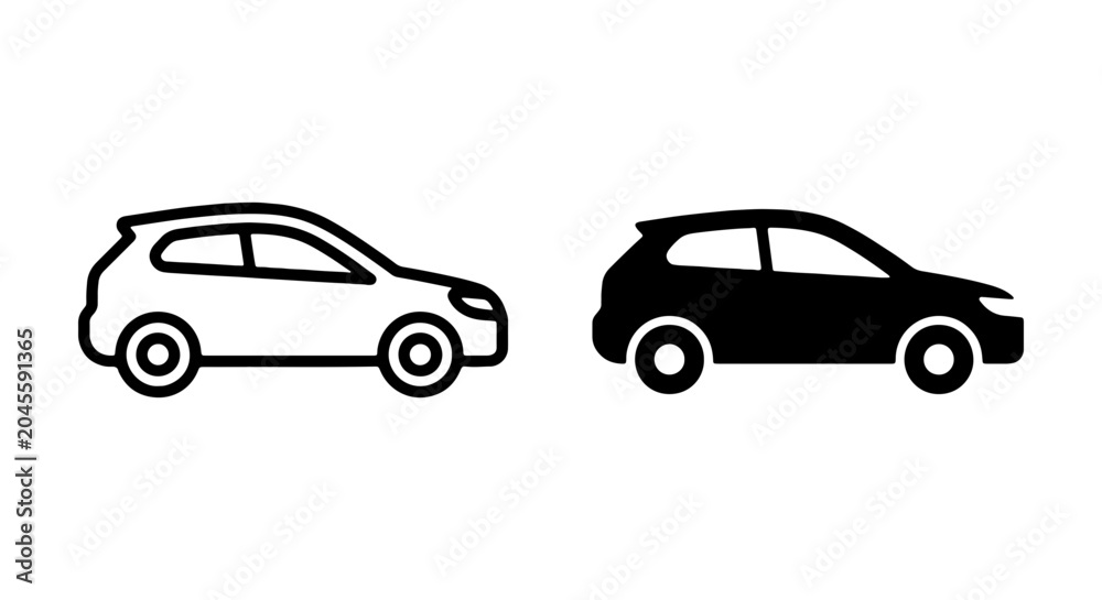Obraz premium Compact Car Icon Set, Modern Hatchback Vehicle Symbol, Black and White Vector Graphic