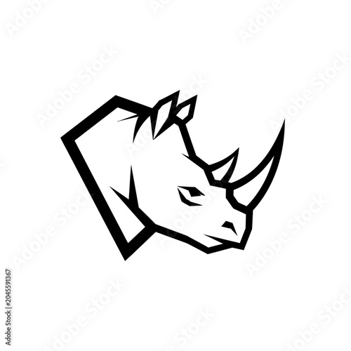 Canvas Print Black and white stylized illustration of a rhinoceros head with a prominent horn
